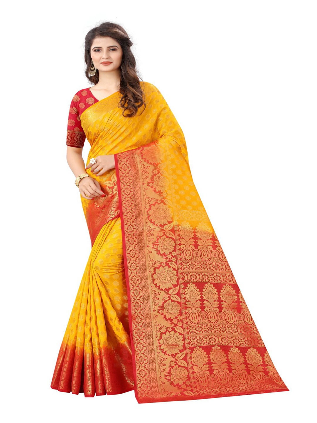 

MOKSHA DESIGNS Gold-Toned & Red Woven Design Pure Silk Banarasi Saree