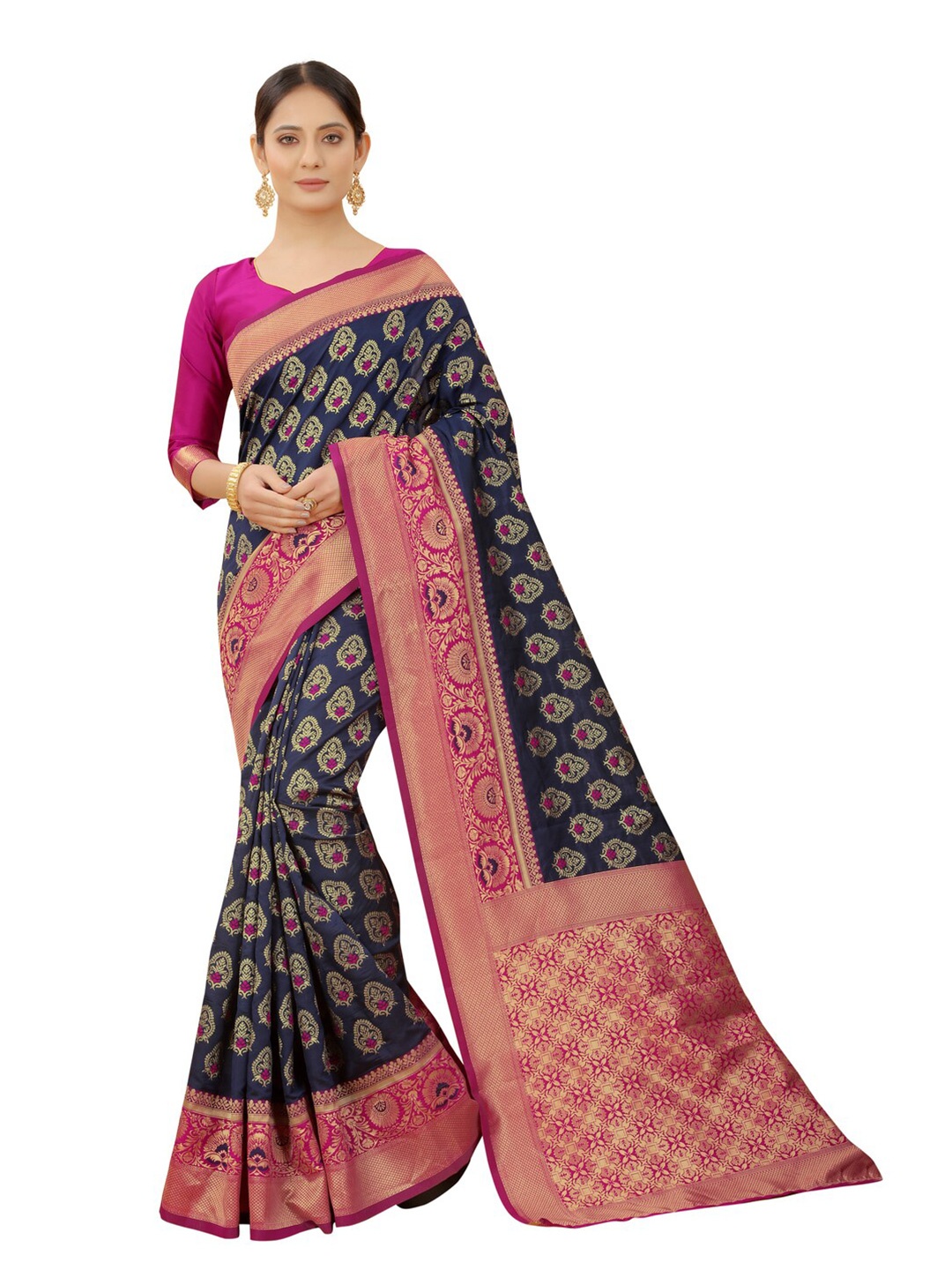 

MOKSHA DESIGNS Women Blue & Pink Ethnic Motifs Zari Pure Silk Banarasi Saree
