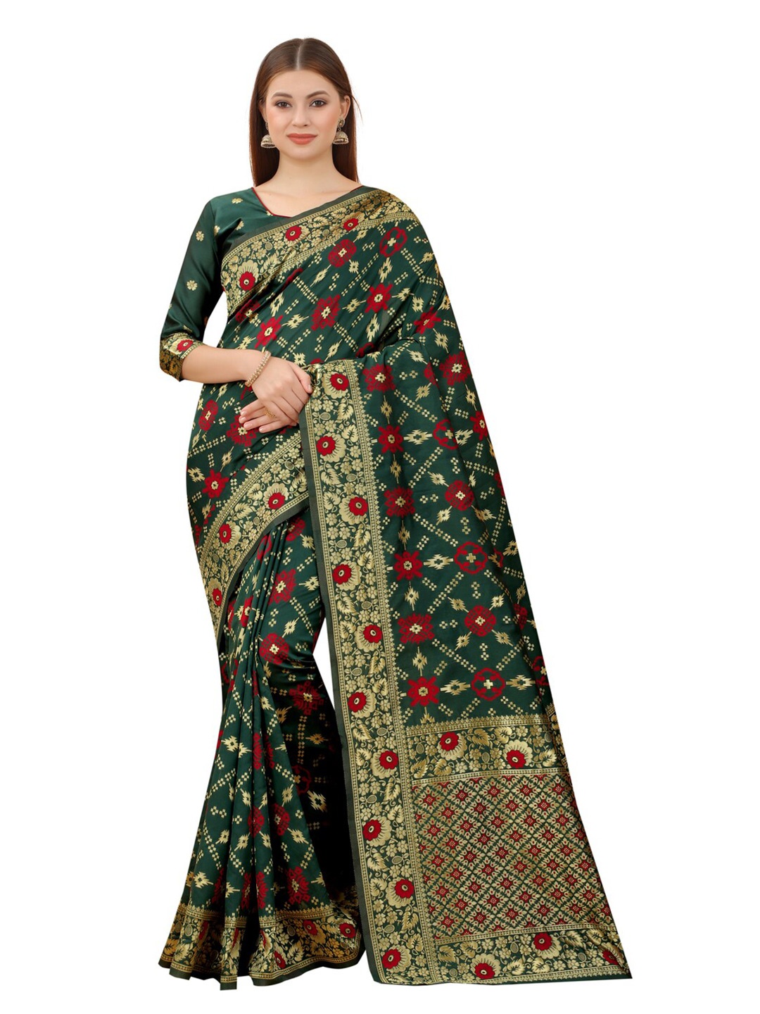 

MOKSHA DESIGNS Green & Red Woven Design Zari Pure Silk Banarasi Saree