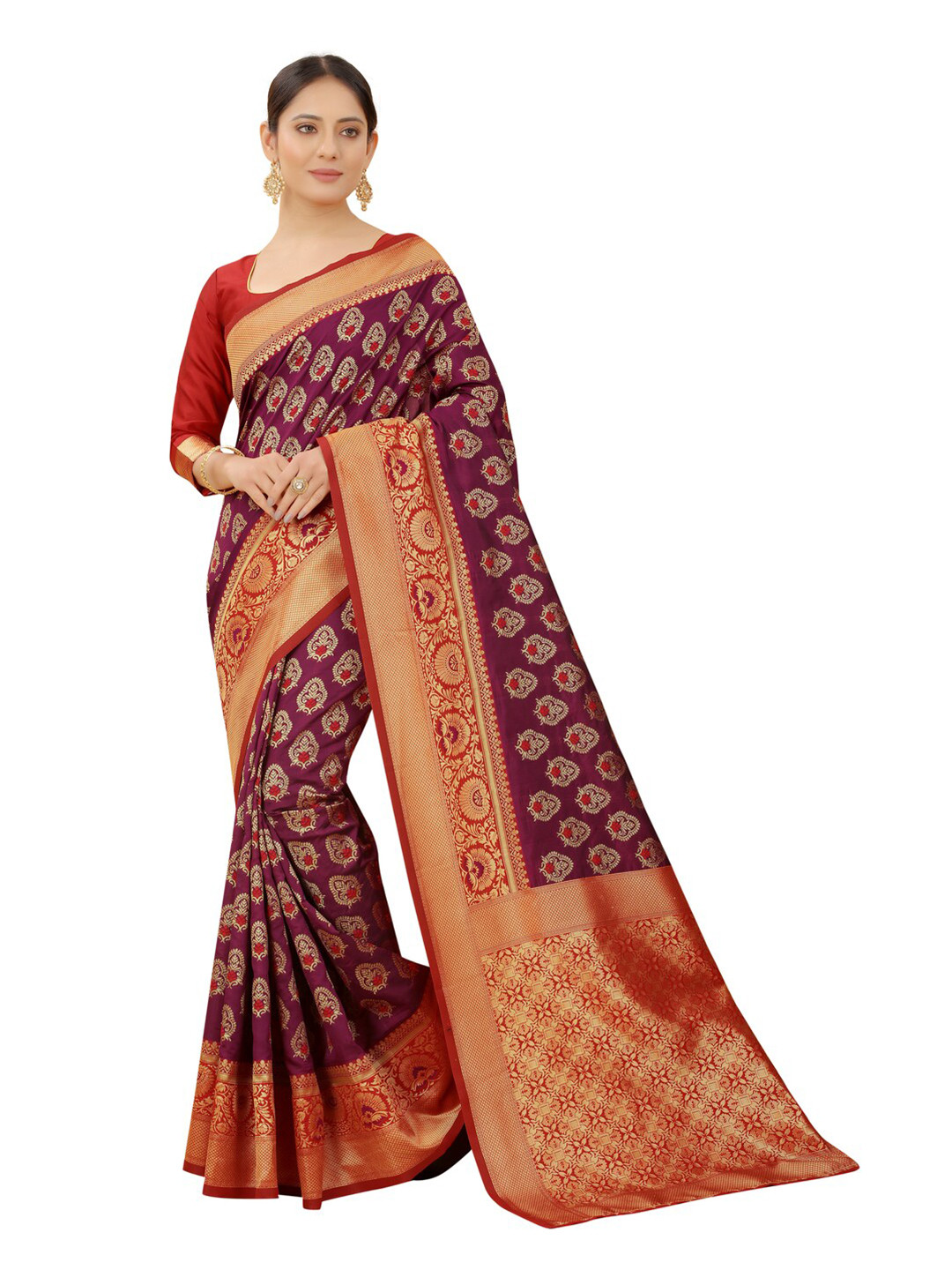 

MOKSHA DESIGNS Red & Maroon Woven Design Zari Pure Silk Banarasi Saree