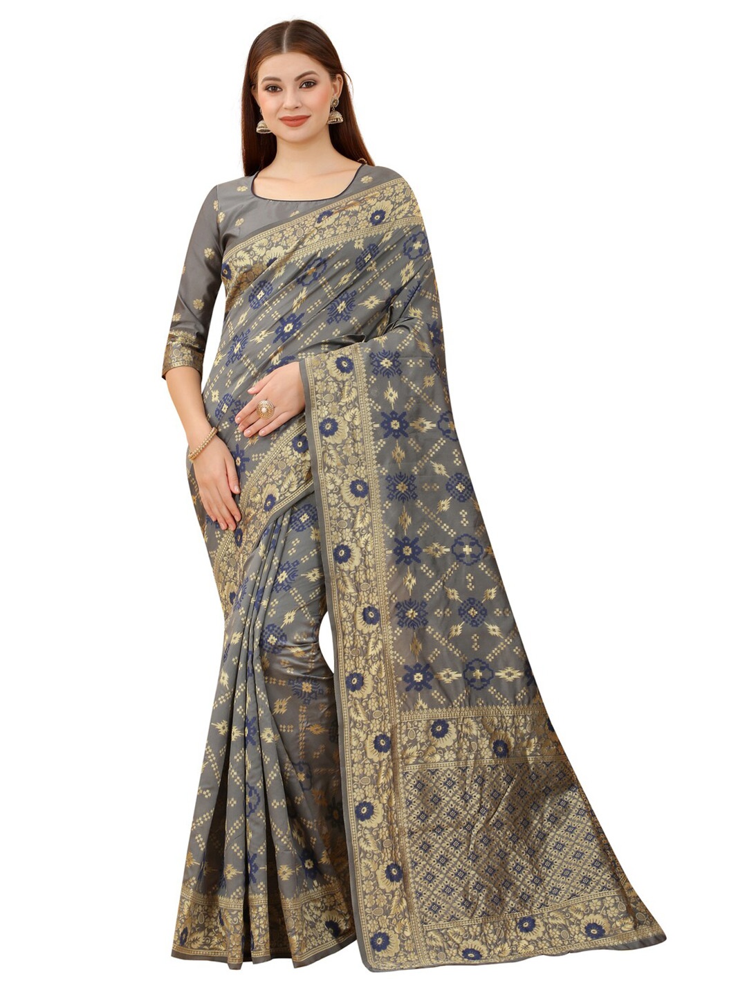 

MOKSHA DESIGNS Grey & Blue Woven Design Zari Pure Silk Banarasi Saree