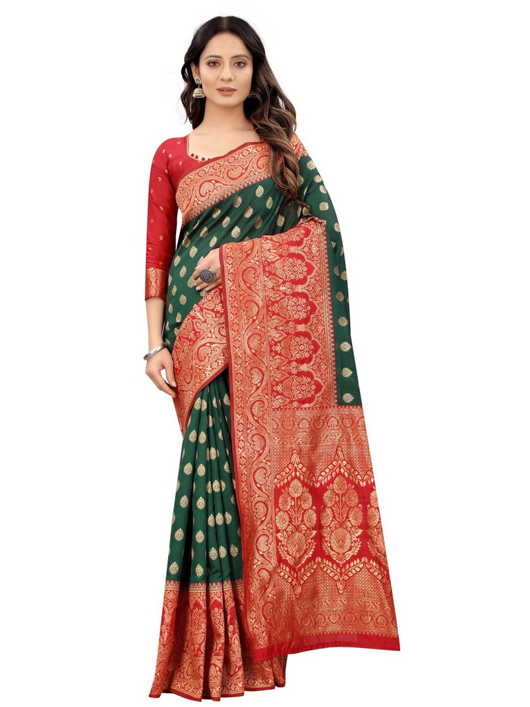 

MOKSHA DESIGNS Green & Red Woven Design Zari Pure Silk Banarasi Saree