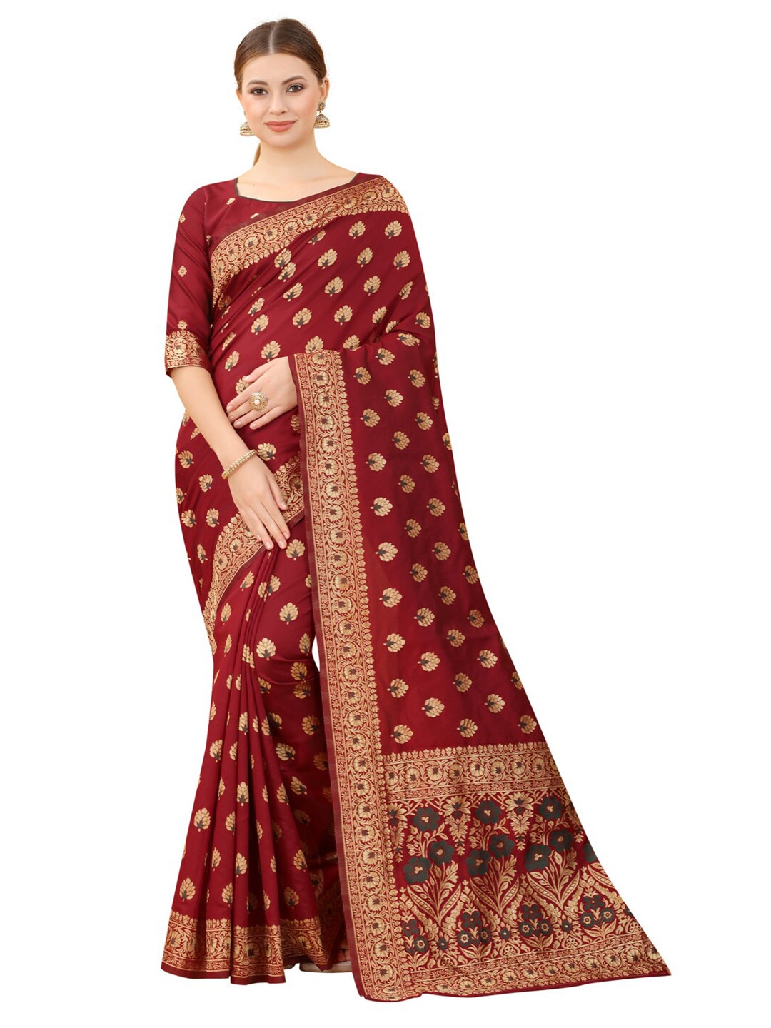 

MOKSHA DESIGNS Maroon & Gold-Toned Woven Design Zari Pure Silk Banarasi Saree