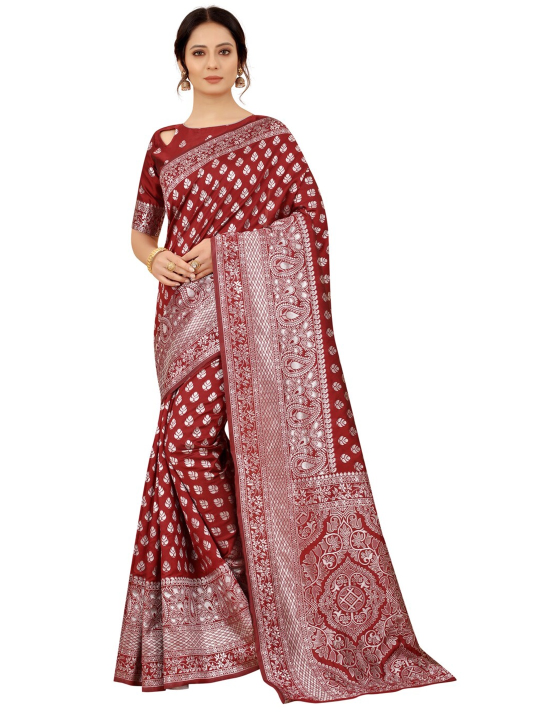 

MOKSHA DESIGNS Maroon & Silver-Toned Woven Design Zari Pure Silk Banarasi Saree