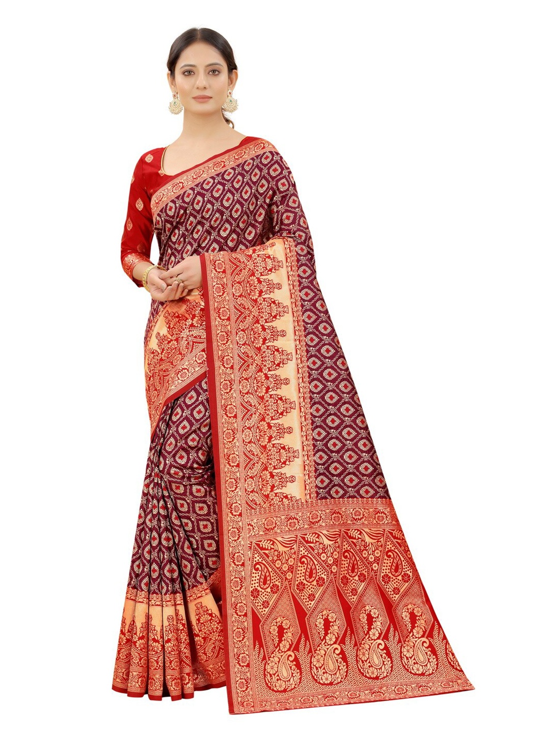 

MOKSHA DESIGNS Burgundy & Red Woven Design Zari Pure Silk Banarasi Saree