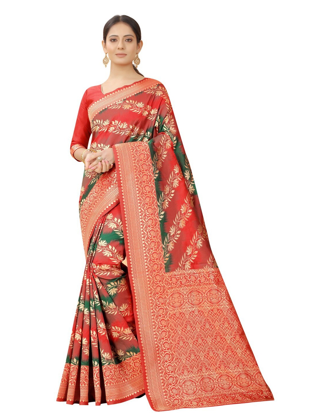 

MOKSHA DESIGNS Red & Green Woven Design Zari Pure Silk Banarasi Saree