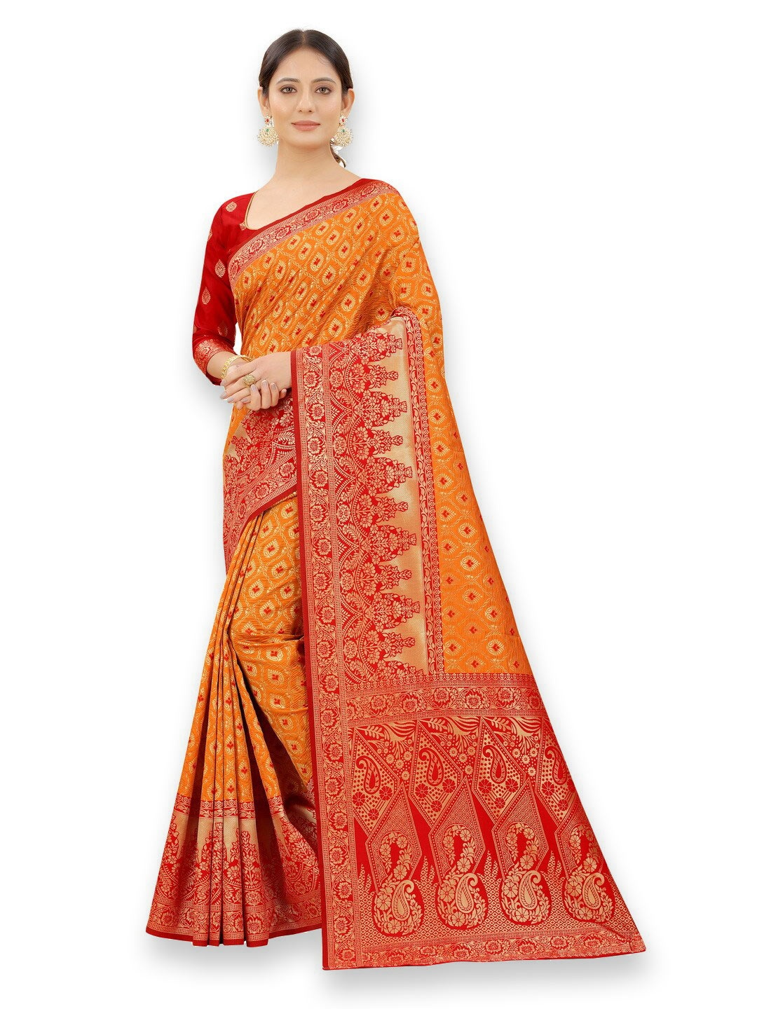 

MOKSHA DESIGNS Women Orange & Red Floral Zari Pure Silk Banarasi Saree