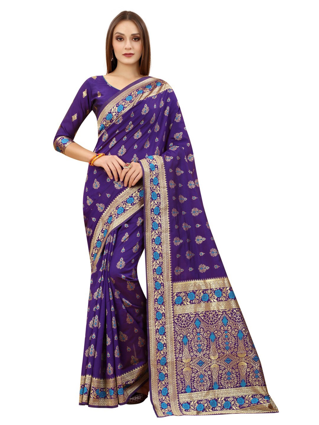 

MOKSHA DESIGNS Purple & Gold-Toned Woven Design Zari Pure Silk Banarasi Saree