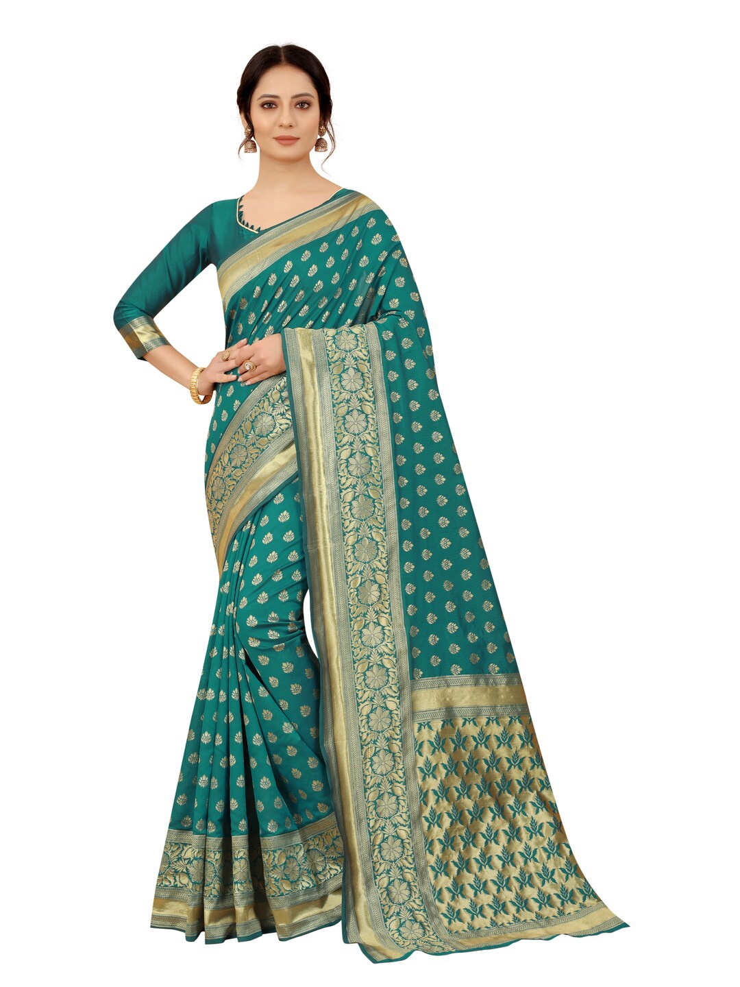 

MOKSHA DESIGNS Women Teal & Gold-Toned Woven Design Zari Pure Silk Banarasi Saree