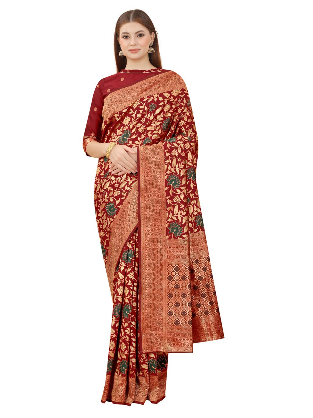 

MOKSHA DESIGNS Maroon & Grey Woven Design Zari Pure Silk Banarasi Saree