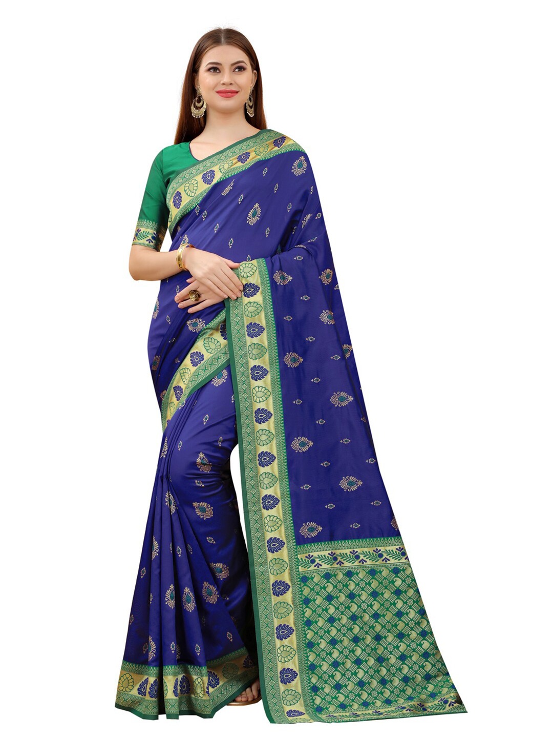 

MOKSHA DESIGNS Women Blue & Green Woven Design Zari Pure Silk Banarasi Saree