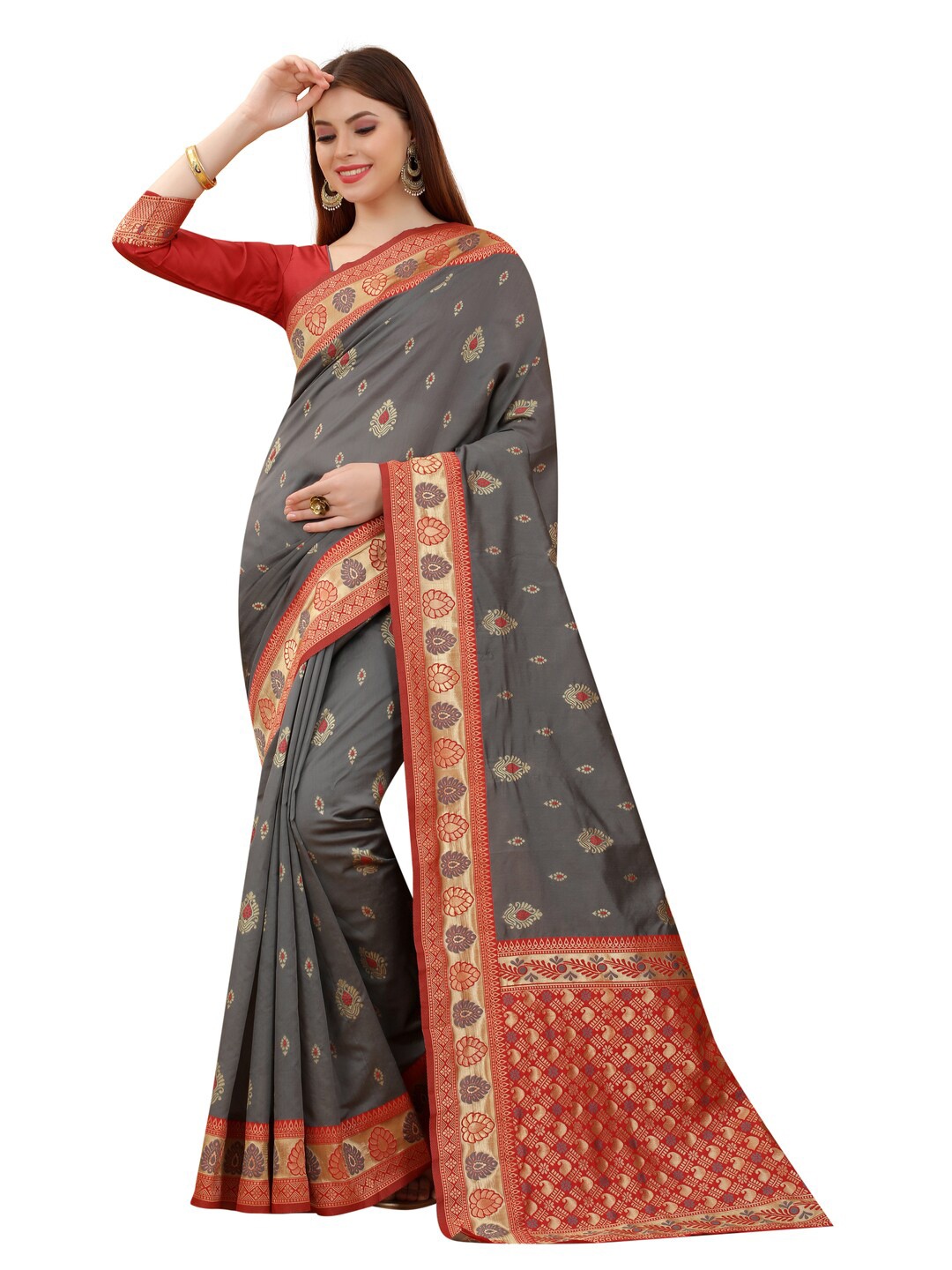 

MOKSHA DESIGNS Grey & Red Ethnic Motifs Zari Pure Silk Banarasi Saree