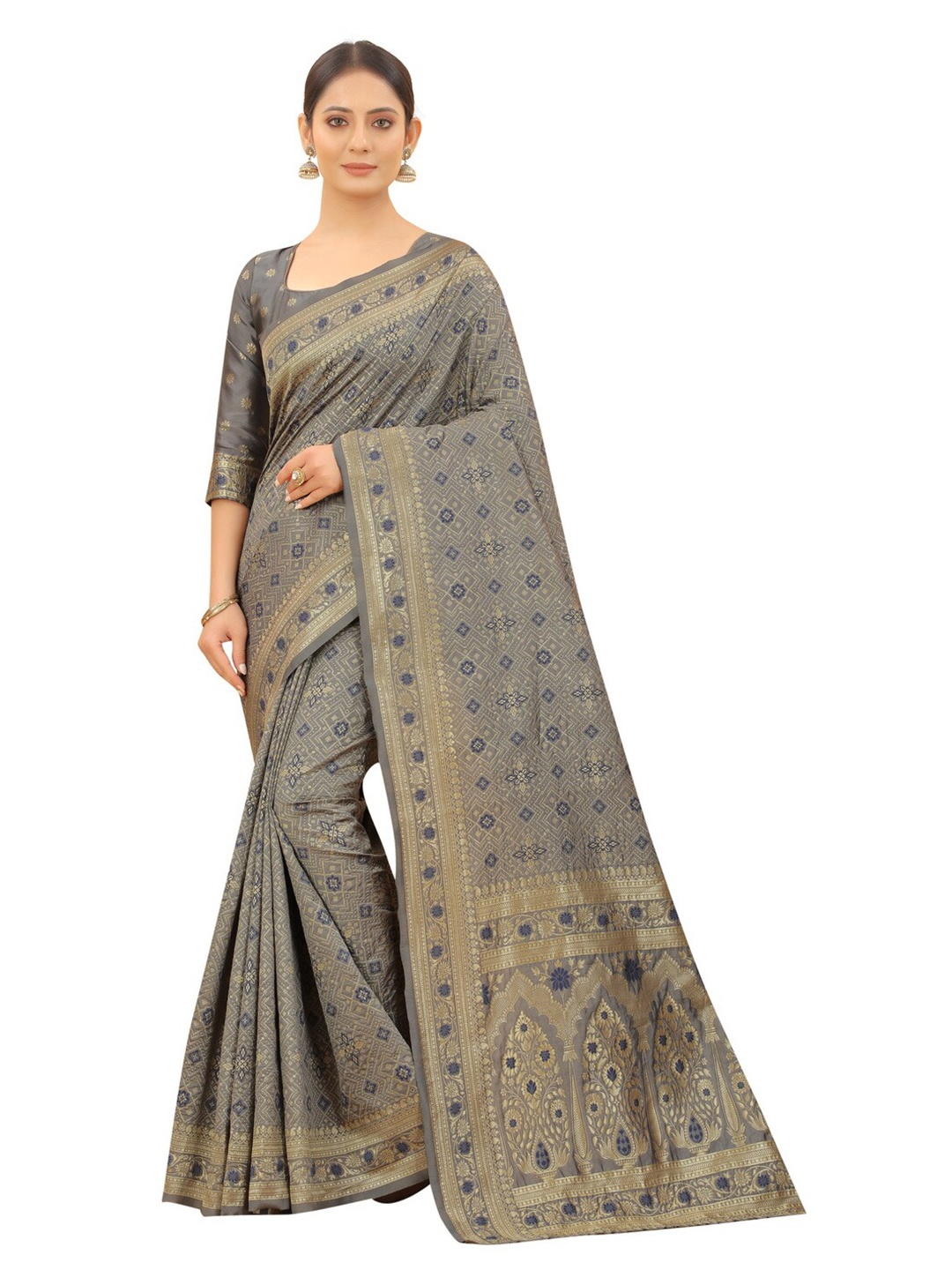 

MOKSHA DESIGNS Grey & Gold-Toned Woven Design Zari Pure Silk Banarasi Saree