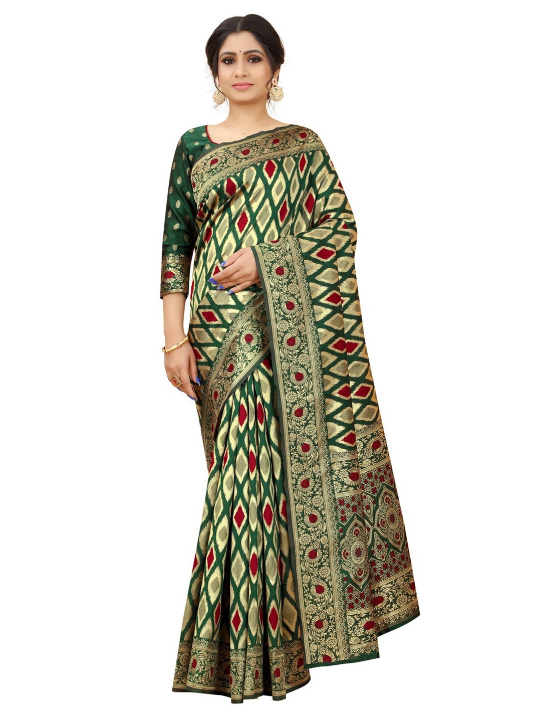 

MOKSHA DESIGNS Green And Red Woven Design Zari Pure Silk Banarasi Saree