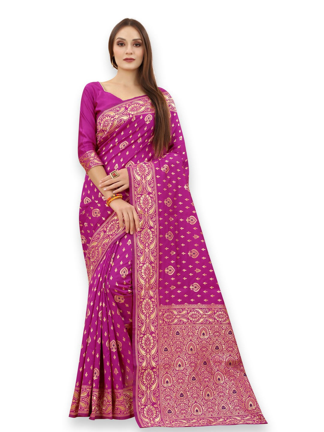 

MOKSHA DESIGNS Pink & Gold-Toned Woven Design Zari Pure Silk Banarasi Saree