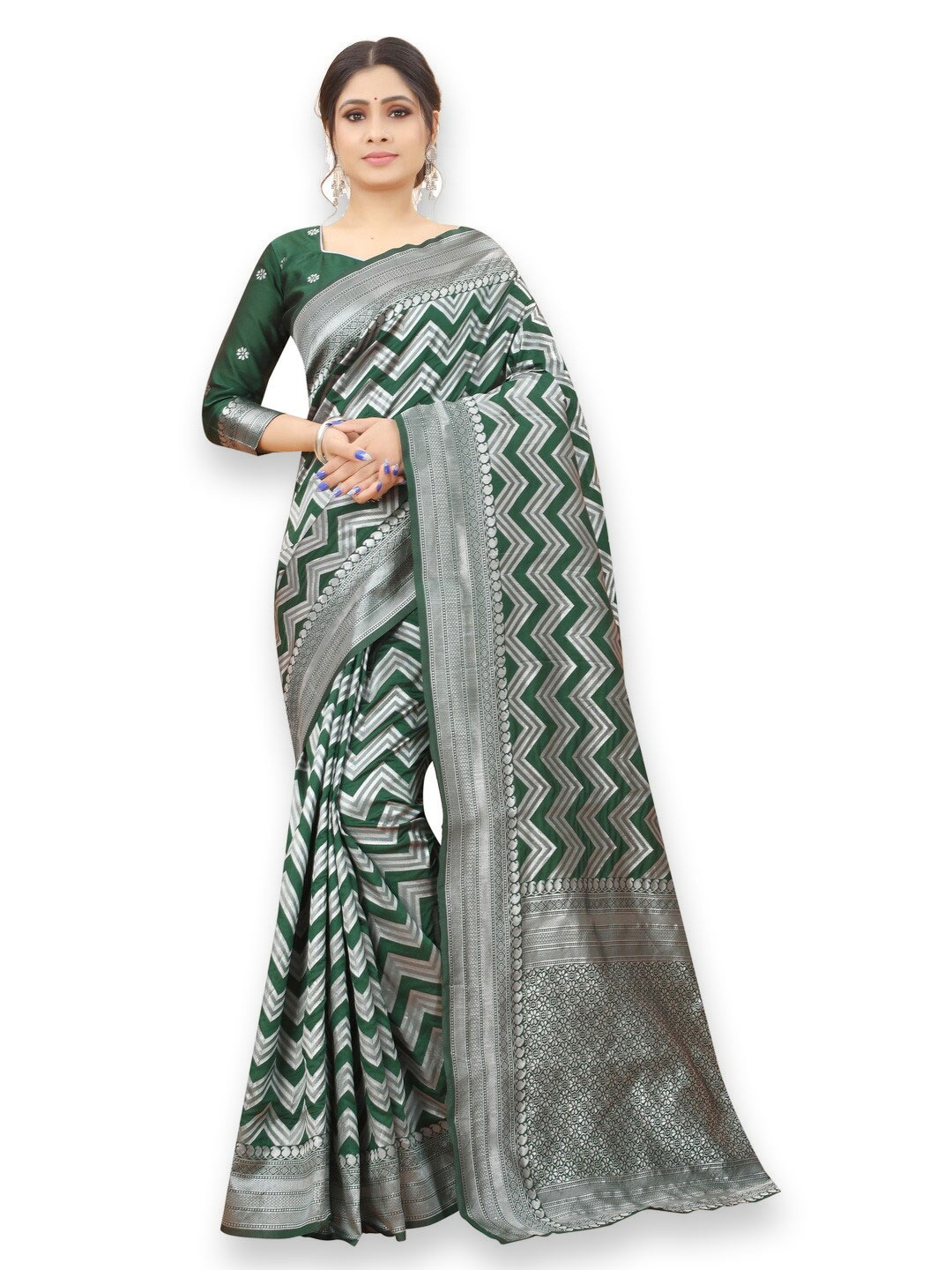 

MOKSHA DESIGNS Green & Silver-Toned Woven Design Zari Pure Silk Banarasi Saree