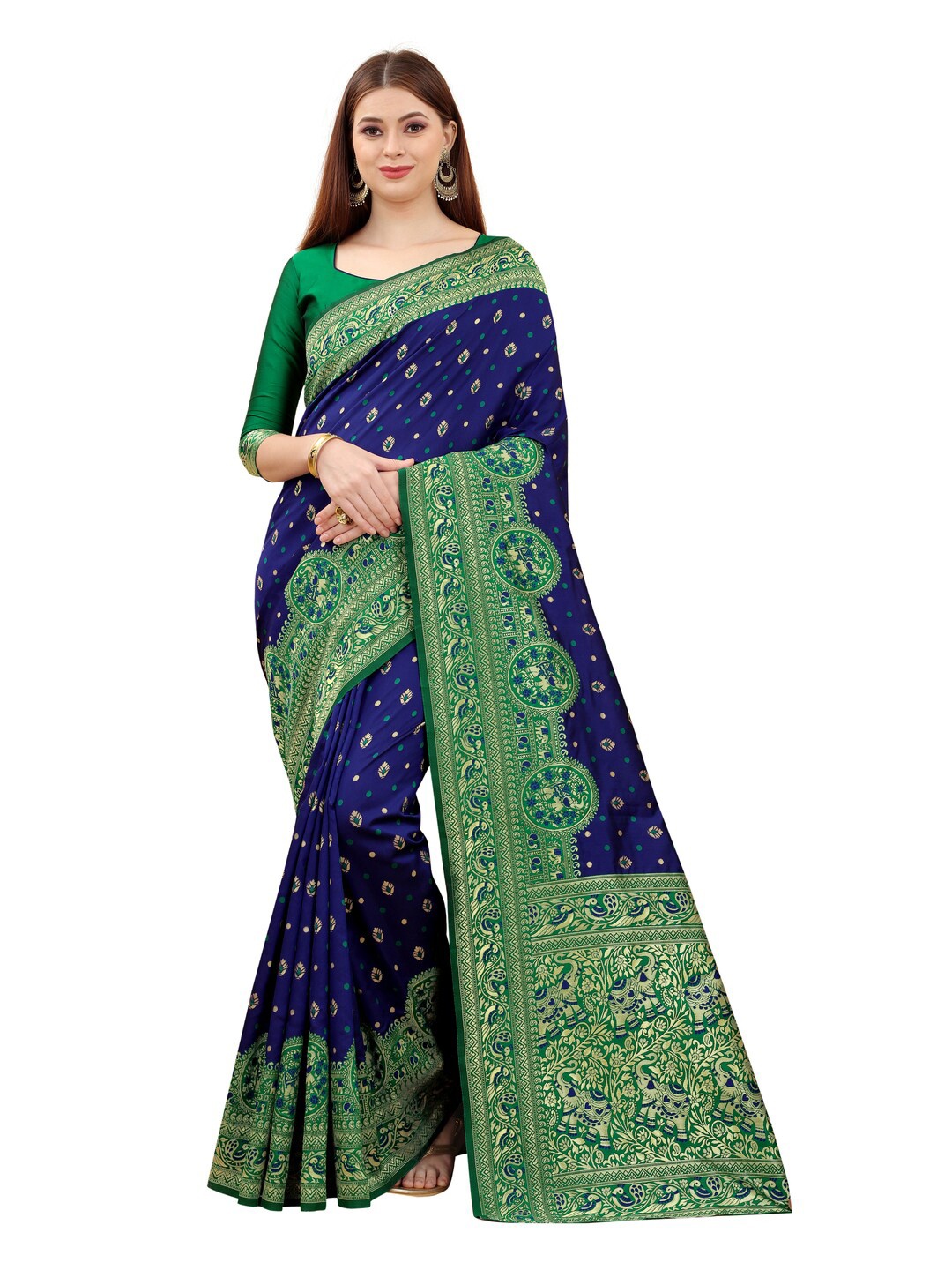 

MOKSHA DESIGNS Blue & Green Ethnic Motifs Zari Pure Silk Banarasi Saree