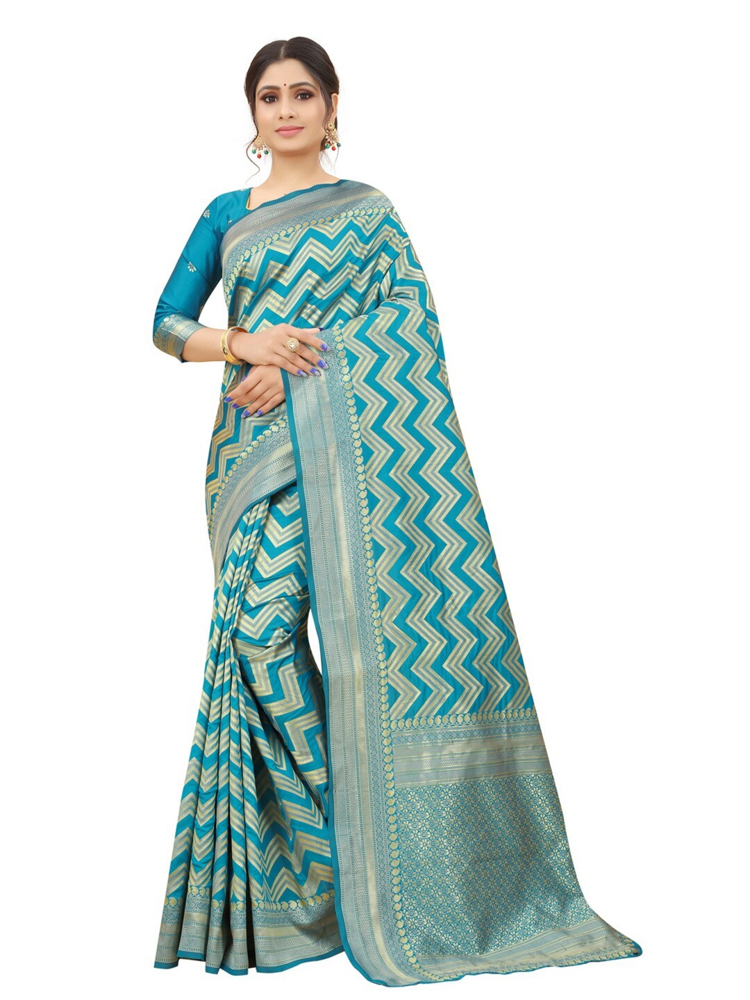 

MOKSHA DESIGNS Turquoise Blue & Gold-Toned Woven Design Zari Pure Silk Banarasi Saree