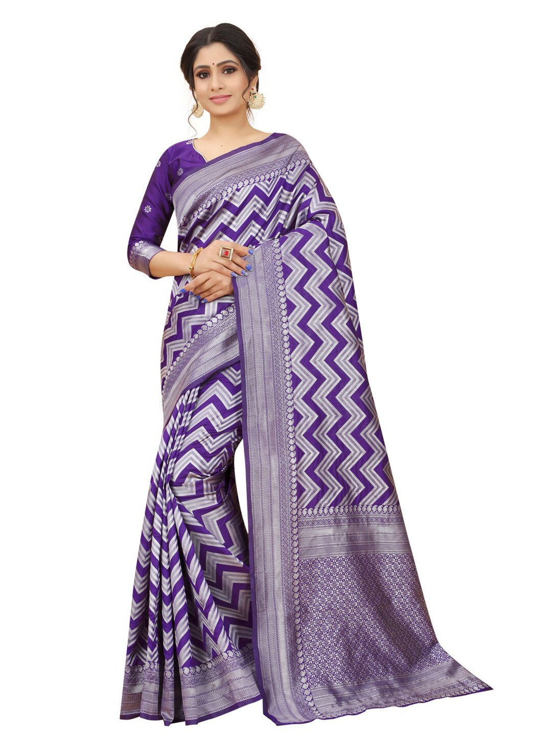 

MOKSHA DESIGNS Purple & Silver-Toned Woven Design Pure Silk Banarasi Saree