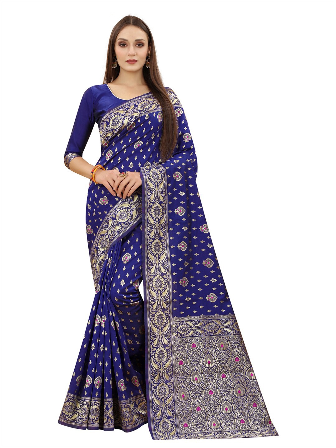 

MOKSHA DESIGNS Navy Blue & Pink Woven Design Zari Pure Silk Banarasi Saree