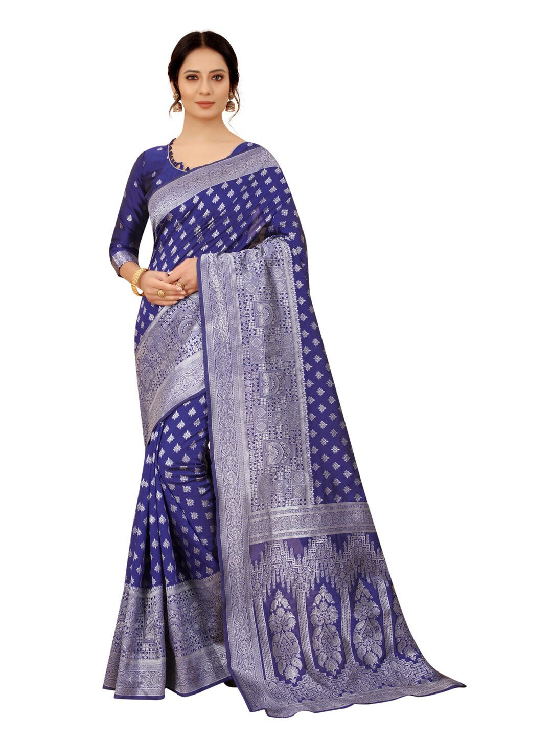 

MOKSHA DESIGNS Navy Blue & Silver-Toned Woven Design Zari Pure Silk Banarasi Saree