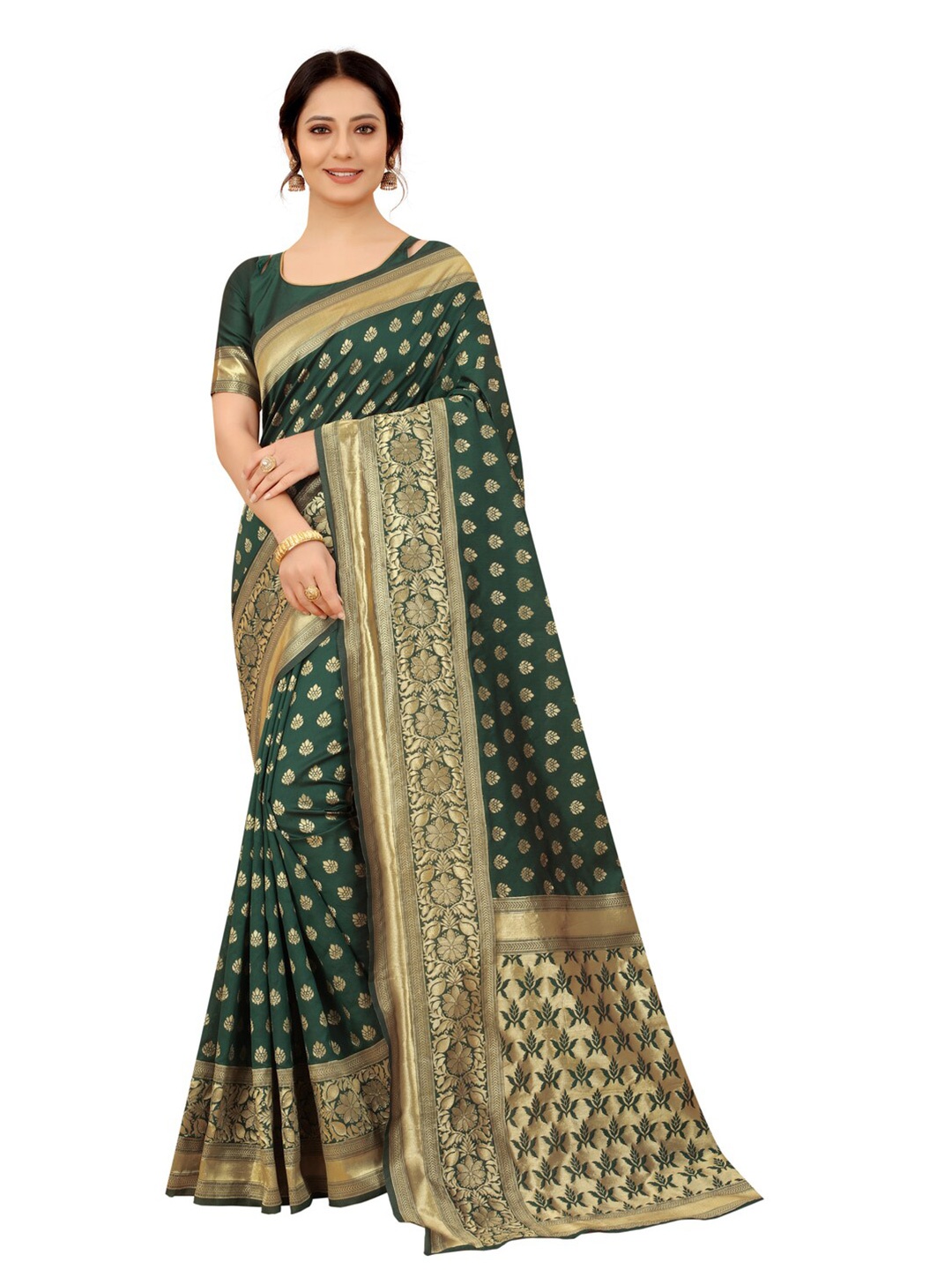 

MOKSHA DESIGNS Green & Gold-Toned Woven Design Zari Pure Silk Banarasi Saree