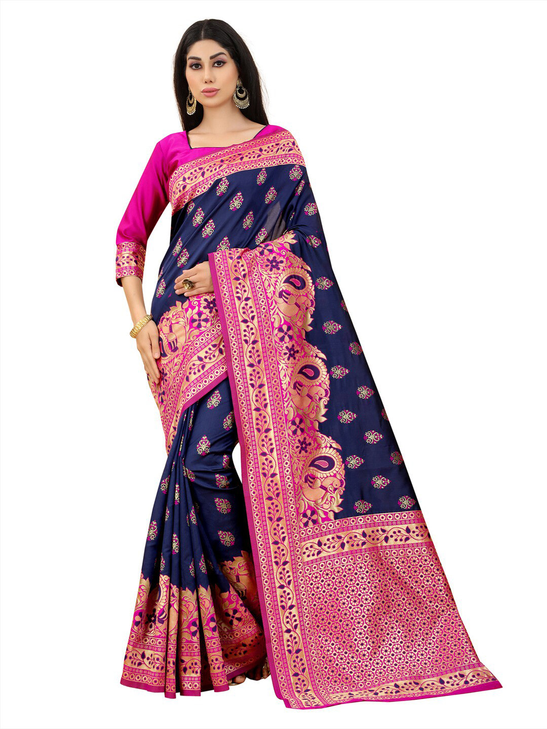 

MOKSHA DESIGNS Navy Blue & Rose Woven Design Zari Pure Silk Banarasi Saree