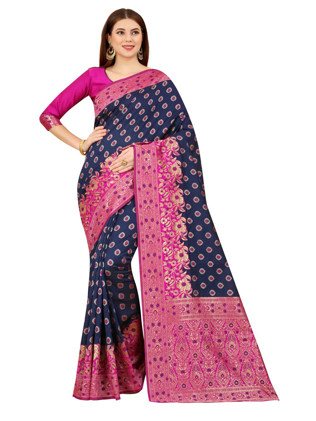 

MOKSHA DESIGNS Blue & Pink Woven Design Zari Pure Silk Banarasi Saree