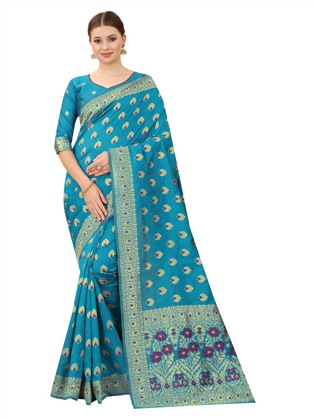 

MOKSHA DESIGNS Blue & Gold-Toned Ethnic Motifs Zari Pure Silk Banarasi Saree