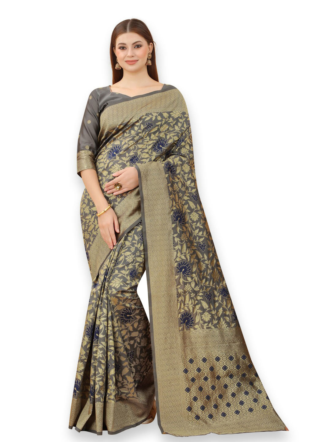 

MOKSHA DESIGNS Grey & Gold-Toned Woven Design Zari Pure Silk Banarasi Saree