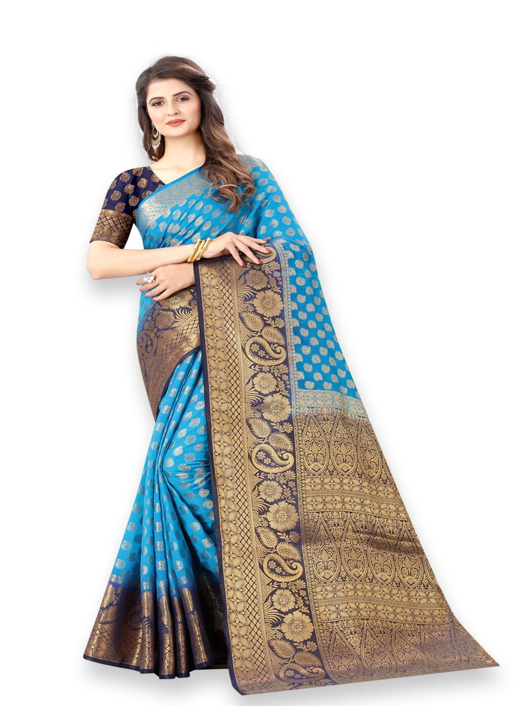 

MOKSHA DESIGNS Blue & Gold-Toned Ethnic Motifs Zari Pure Silk Banarasi Saree