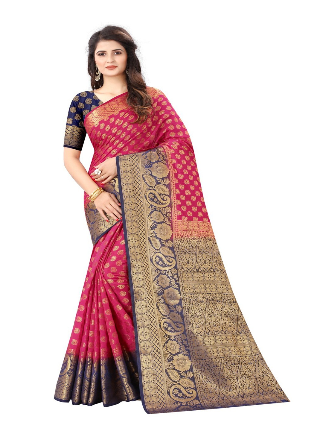 

MOKSHA DESIGNS Pink & Blue Woven Design Zari Pure Silk Banarasi Saree