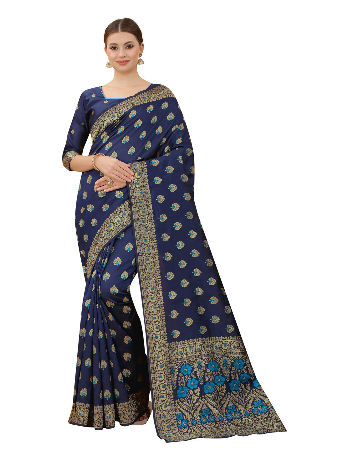 

MOKSHA DESIGNS Blue & Gold-Toned Woven Design Zari Pure Silk Banarasi Saree