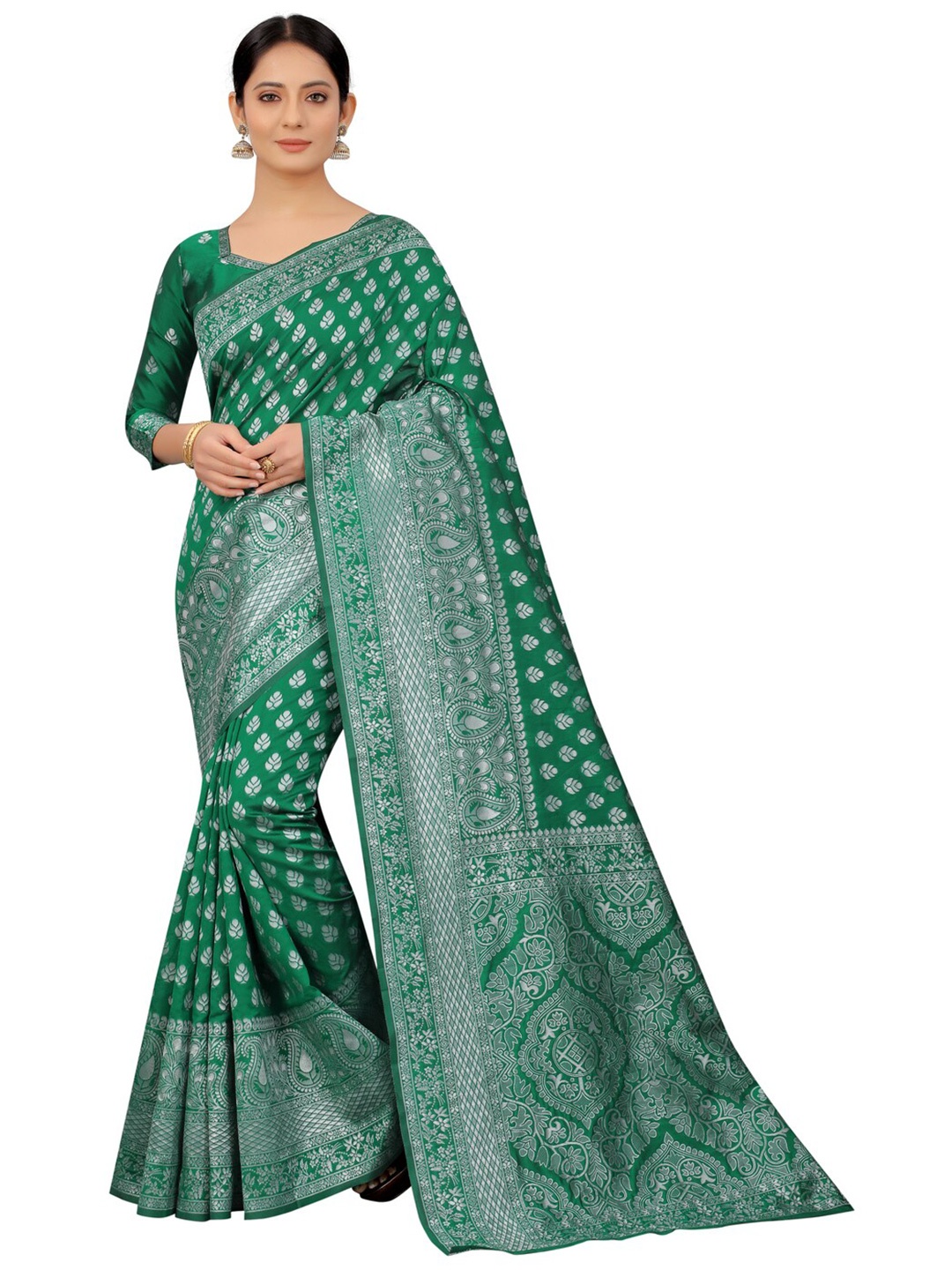

MOKSHA DESIGNS Green & Silver-Toned Woven Design Zari Pure Silk Banarasi Saree