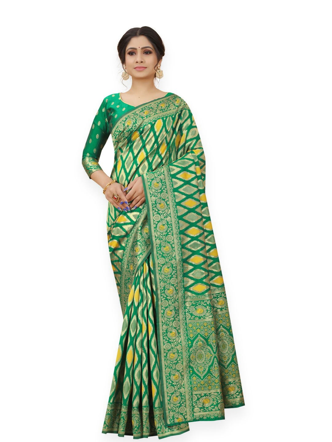 

MOKSHA DESIGNS Green & Yellow Woven Design Zari Pure Silk Banarasi Saree