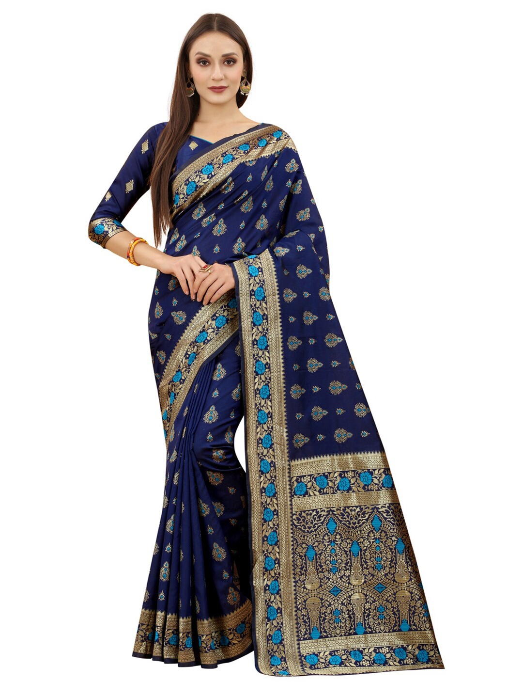 

MOKSHA DESIGNS Blue & Gold-Toned Ethnic Motifs Zari Pure Silk Banarasi Saree
