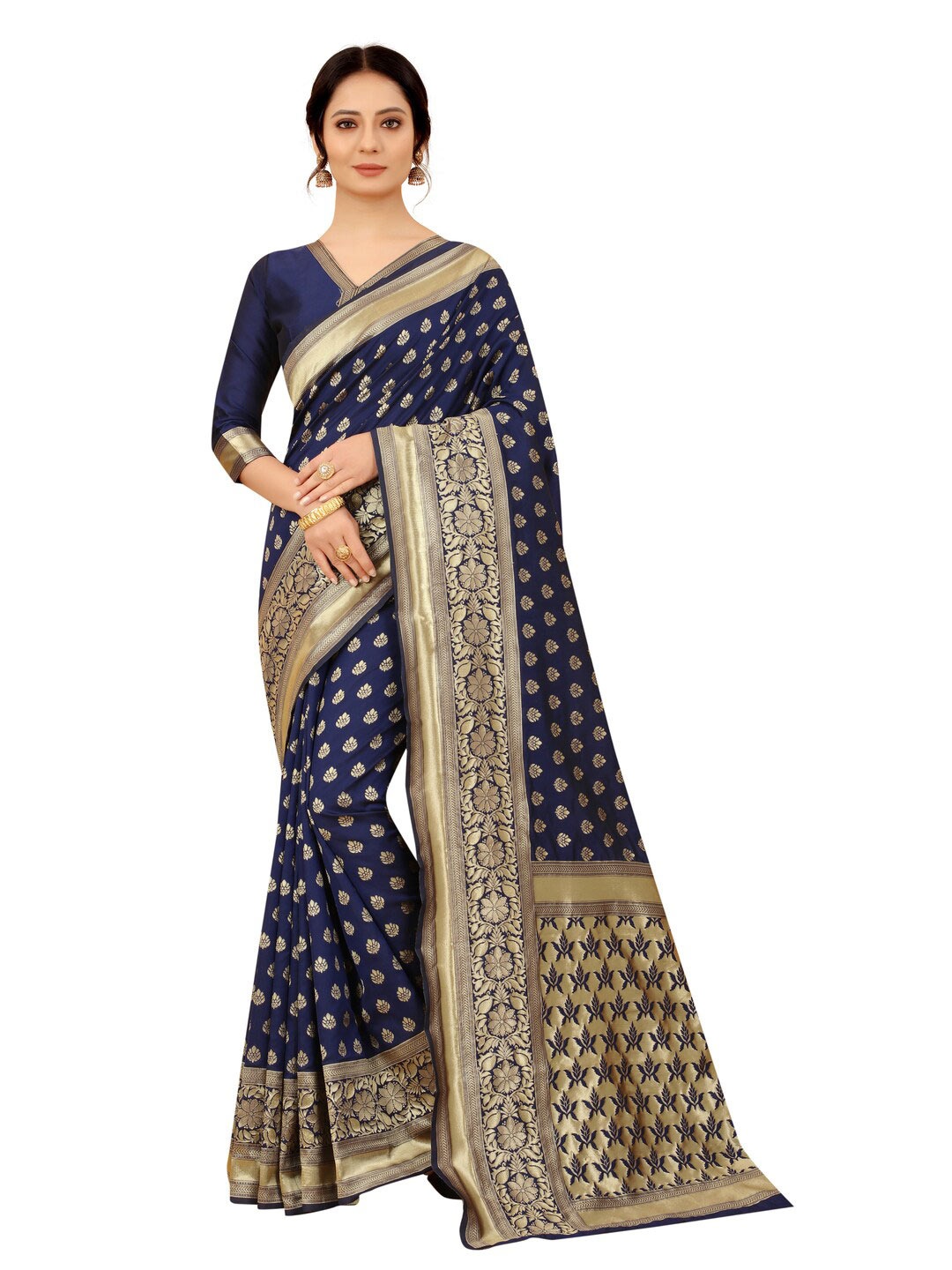 

MOKSHA DESIGNS Navy Blue & Gold-Toned Ethnic Motifs Zari Pure Silk Banarasi Saree