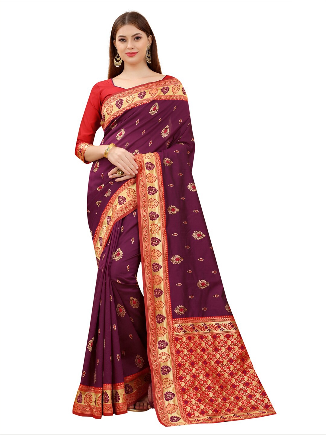 

MOKSHA DESIGNS Purple & Red Woven Design Zari Pure Silk Banarasi Saree