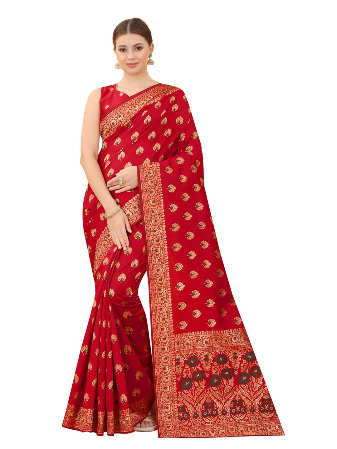 

MOKSHA DESIGNS Red & Blue Woven Design Zari Pure Silk Banarasi Saree