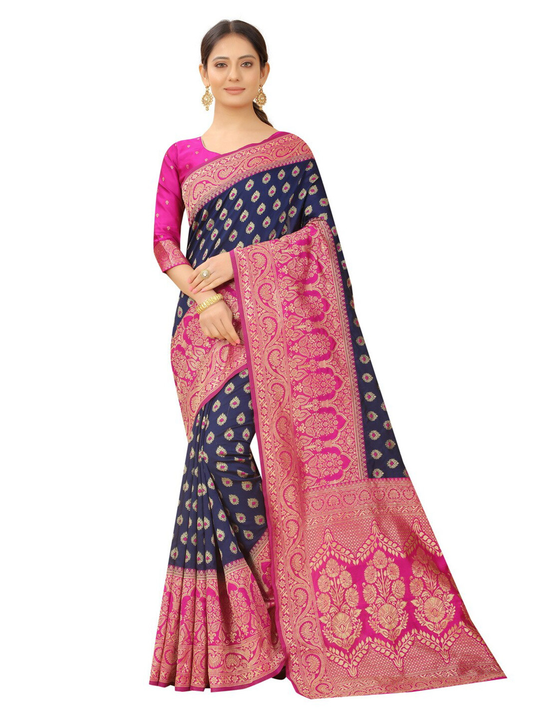 

MOKSHA DESIGNS Blue & Pink Ethnic Motifs Zari Pure Silk Banarasi Saree