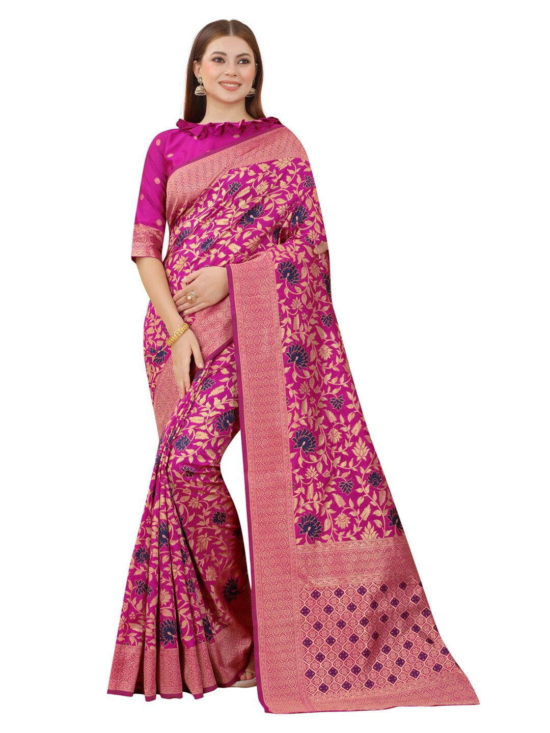 

MOKSHA DESIGNS Women Pink & Blue Woven Design Zari Pure Silk Banarasi Saree