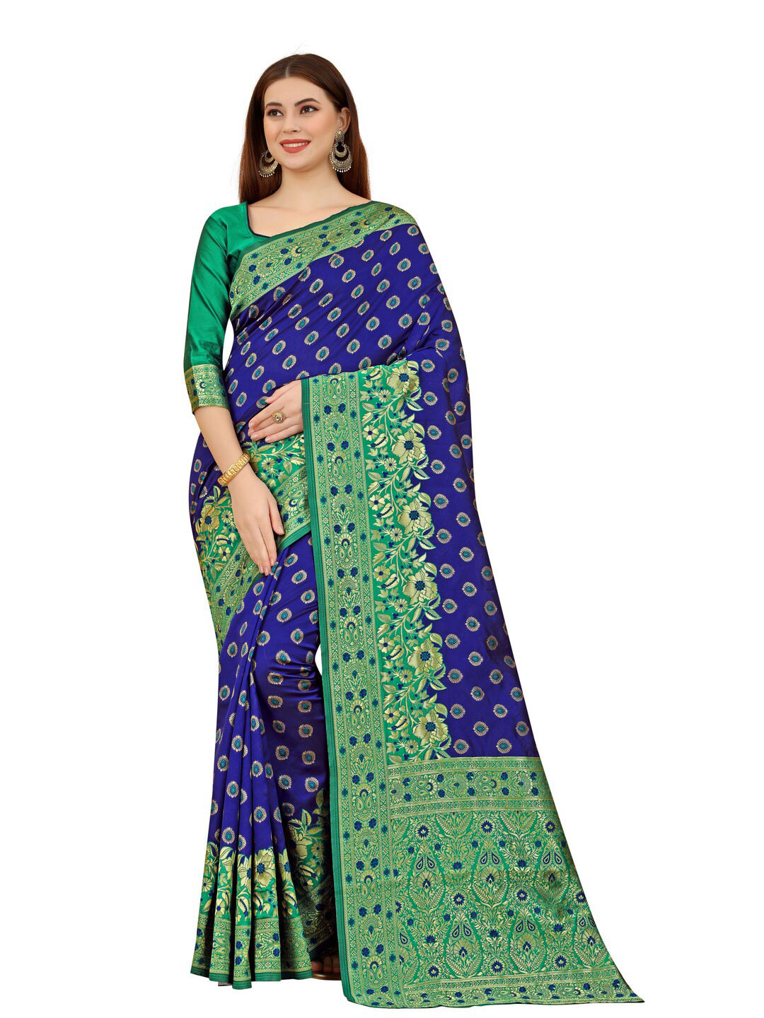 

MOKSHA DESIGNS Blue & Green Woven Design Zari Pure Silk Banarasi Saree