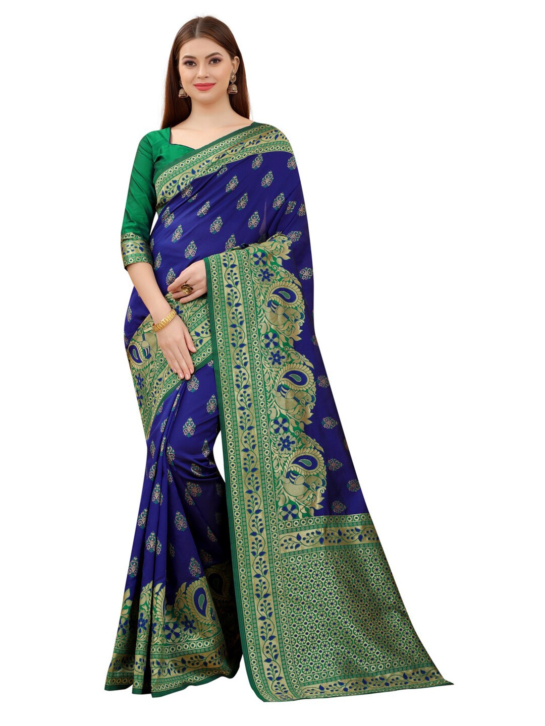 

MOKSHA DESIGNS Blue & Green Woven Design Zari Pure Silk Banarasi Saree