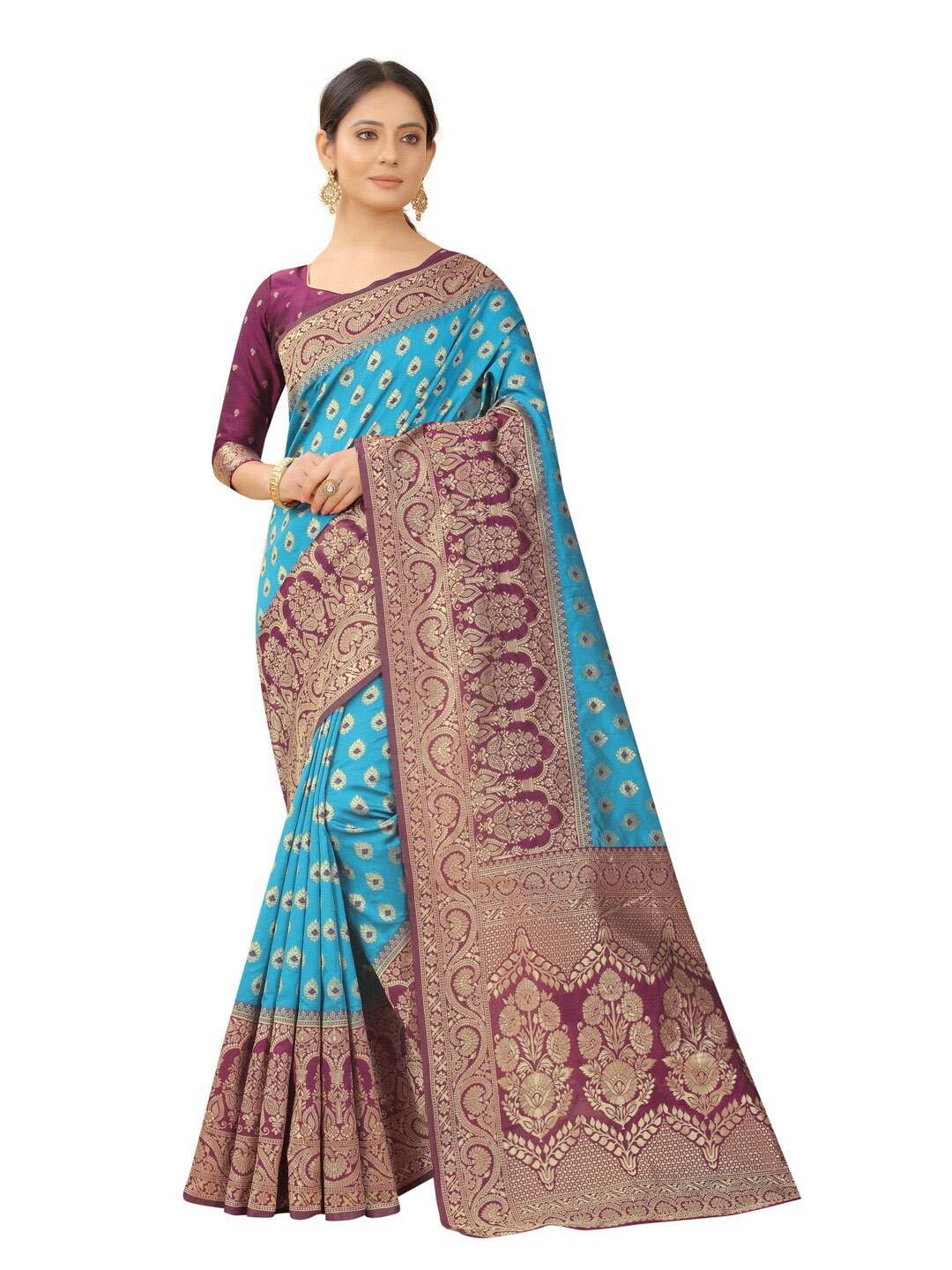 

MOKSHA DESIGNS Turquoise Blue & Maroon Woven Design Zari Pure Silk Banarasi Saree