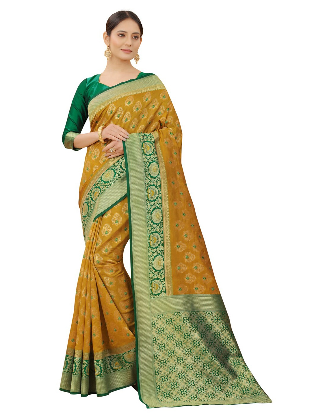 

MOKSHA DESIGNS Mustard & Green Ethnic Motifs Zari Pure Silk Banarasi Saree