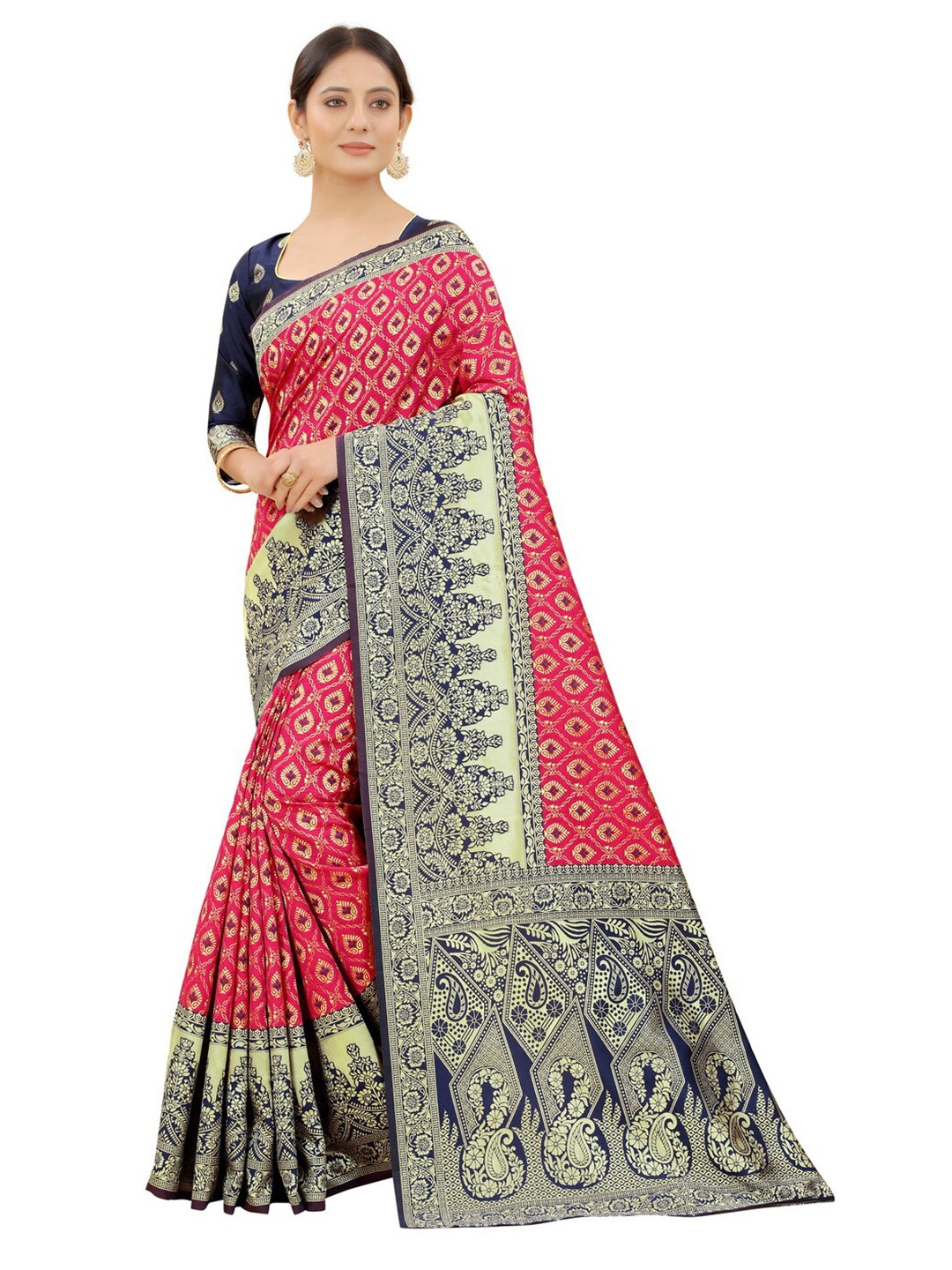 

MOKSHA DESIGNS Women Pink & Blue Woven Design Zari Pure Silk Banarasi Saree