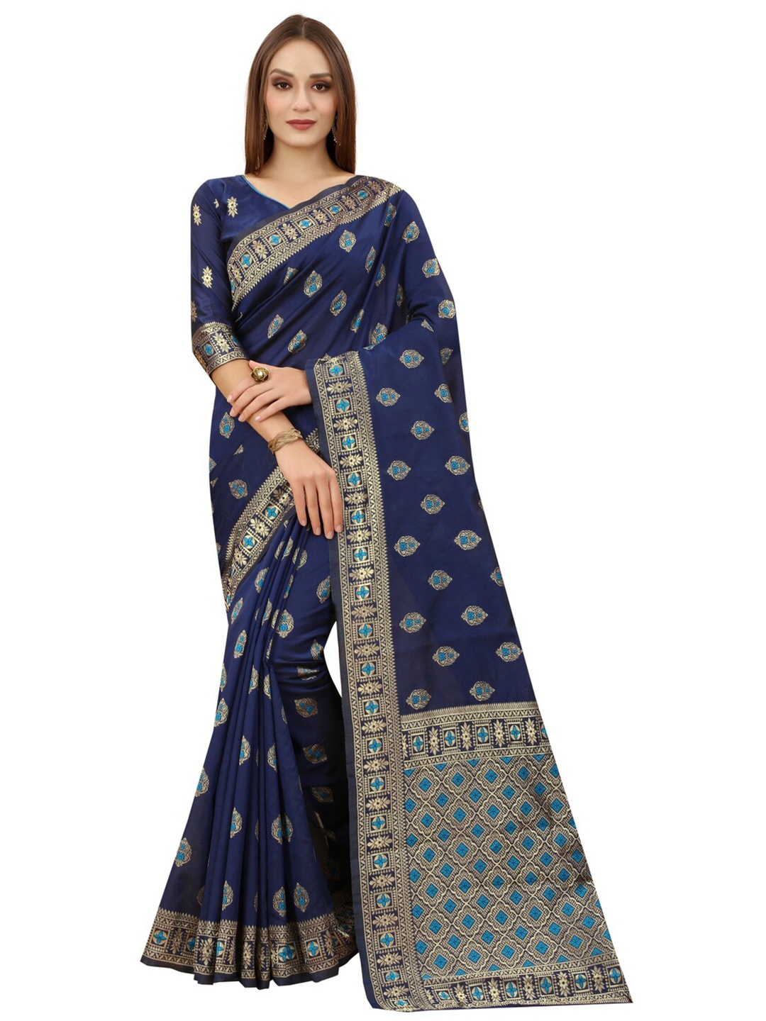 

MOKSHA DESIGNS Blue & Gold-Toned Woven Design Zari Pure Silk Banarasi Saree