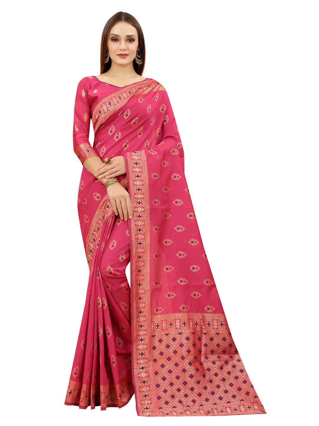 

MOKSHA DESIGNS Pink & Gold-Toned Woven Design Zari Pure Silk Banarasi Saree