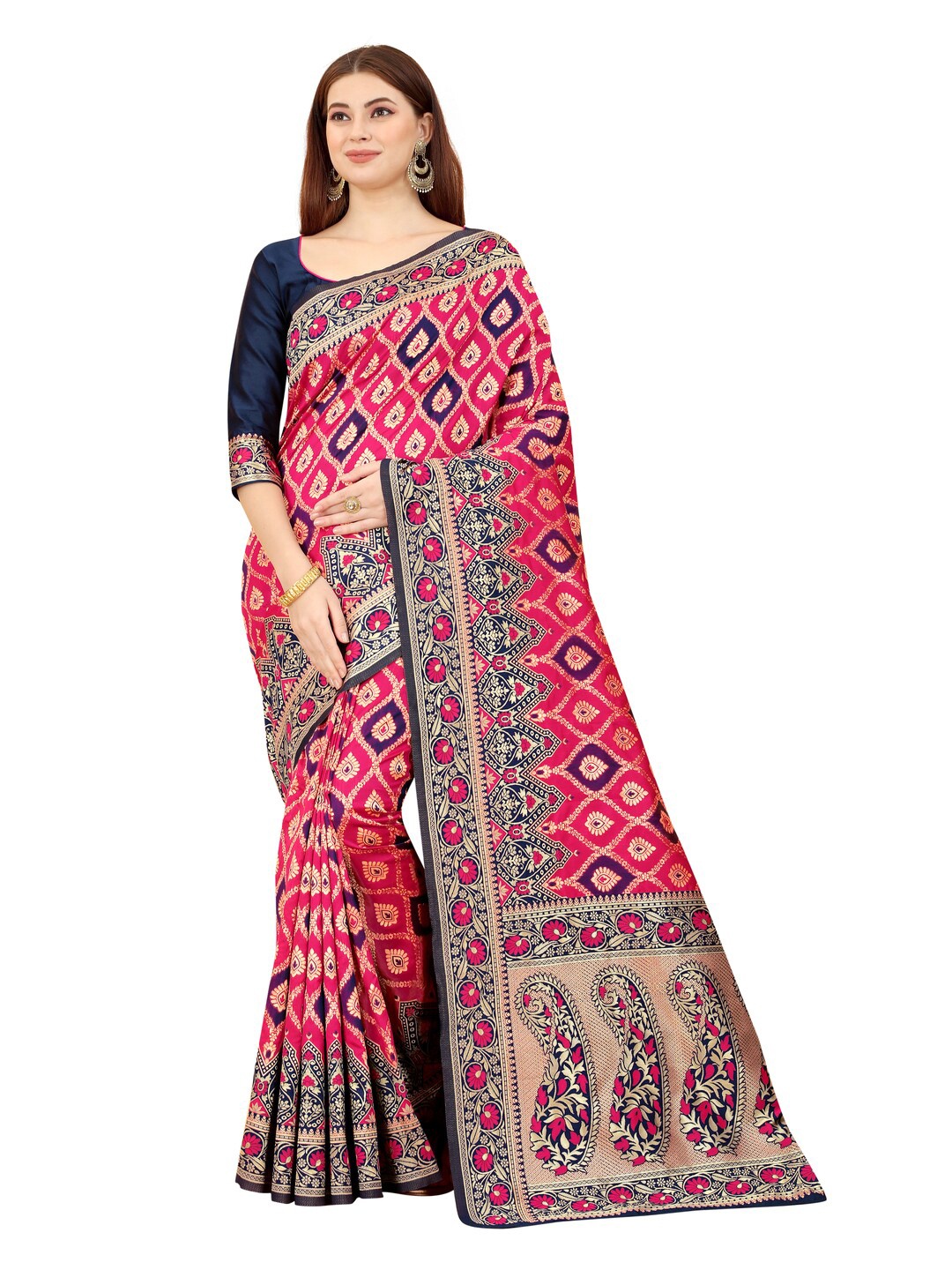 

MOKSHA DESIGNS Pink & Blue Woven Design Zari Pure Silk Banarasi Saree