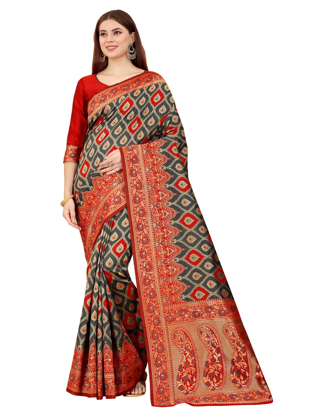 

MOKSHA DESIGNS Grey & Red Woven Design Zari Pure Silk Banarasi Saree